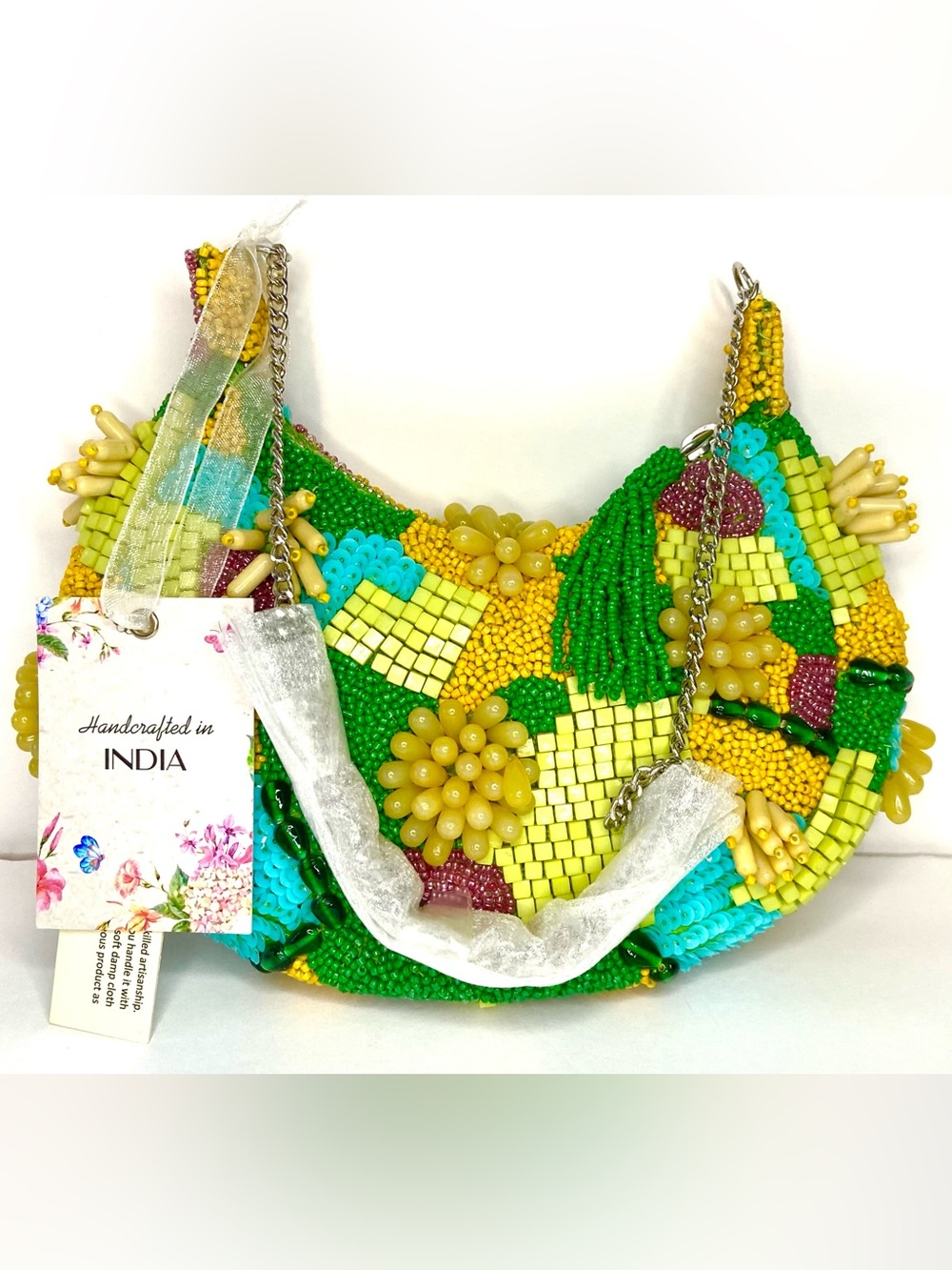 Handcrafted Beaded Women’s Shoulder Bag - Green Multi w 5 random free gifts 🎁
